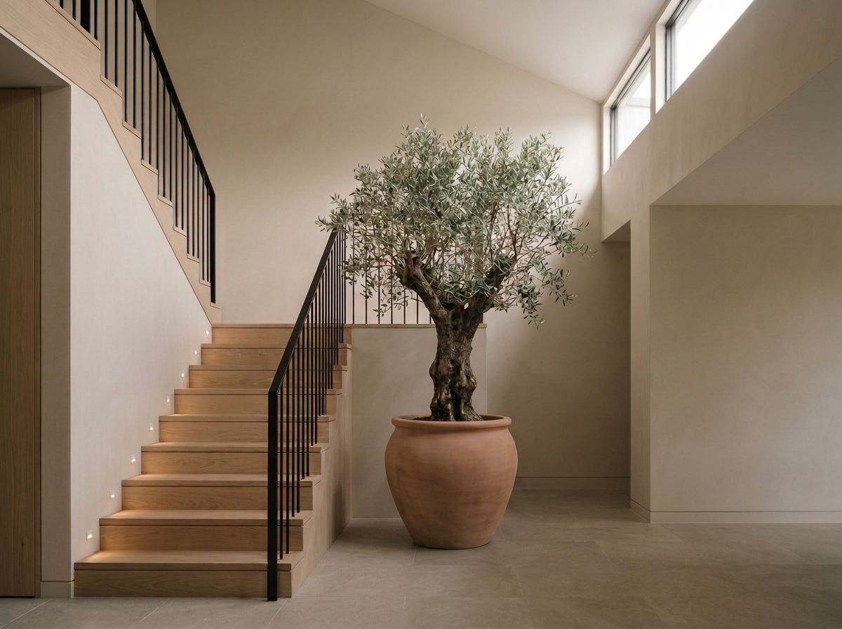 Interior of a modern home with wooden stairs, a large potted olive tree, and natural light from high windows.