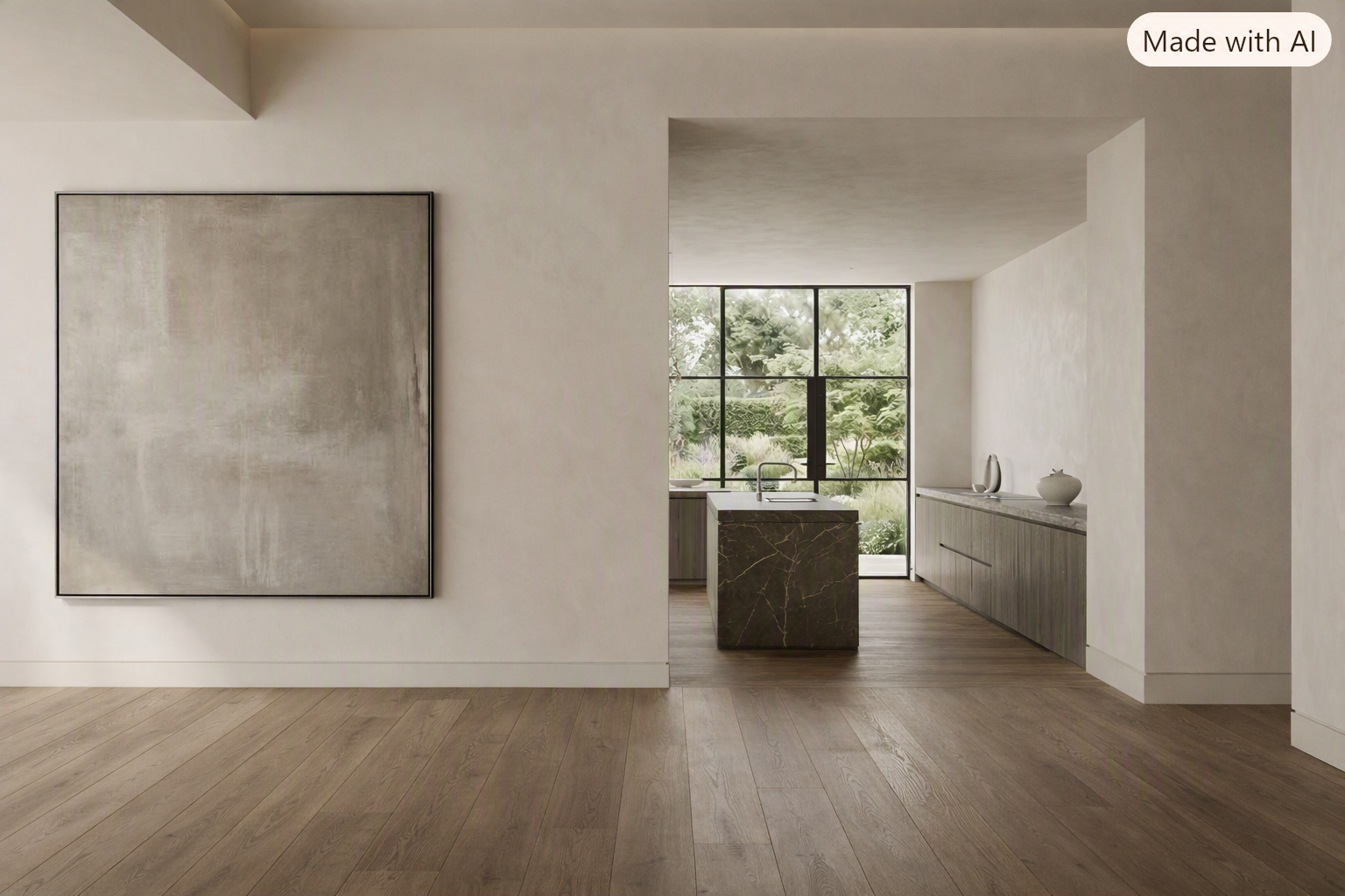 Modern minimalist interior with a large square abstract painting on the wall, wooden flooring, and an open kitchen area featuring a marble island, large windows, and a long sideboard with decorative vases.