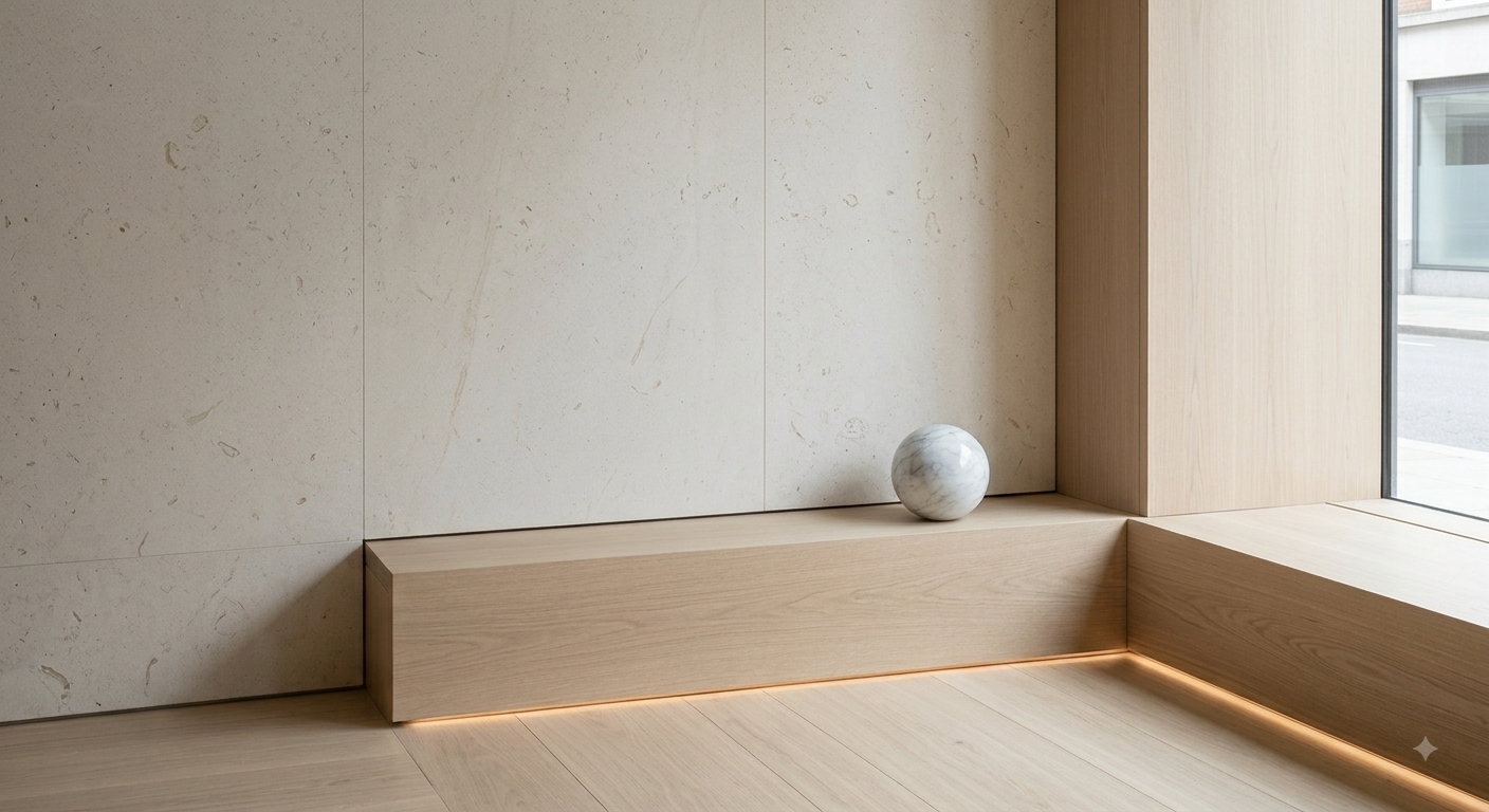 Minimalist interior with beige stone wall, wooden bench, and a marble sphere on the bench next to a window.