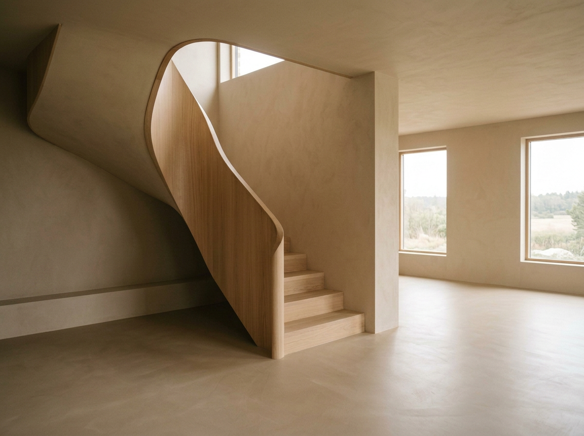 Empty room with large windows and a curved wooden staircase.