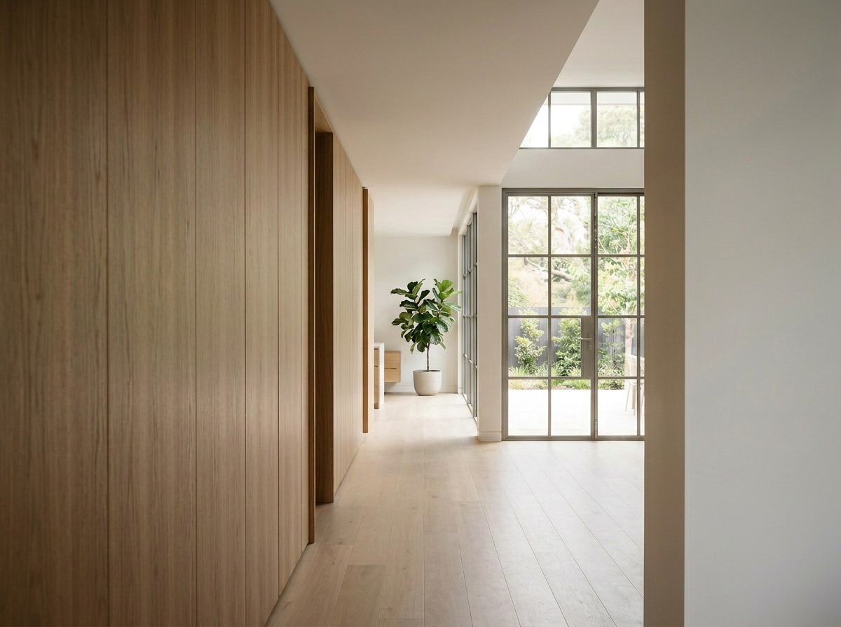 Bright, modern interior with large glass doors, a potted plant, and wooden and white walls.