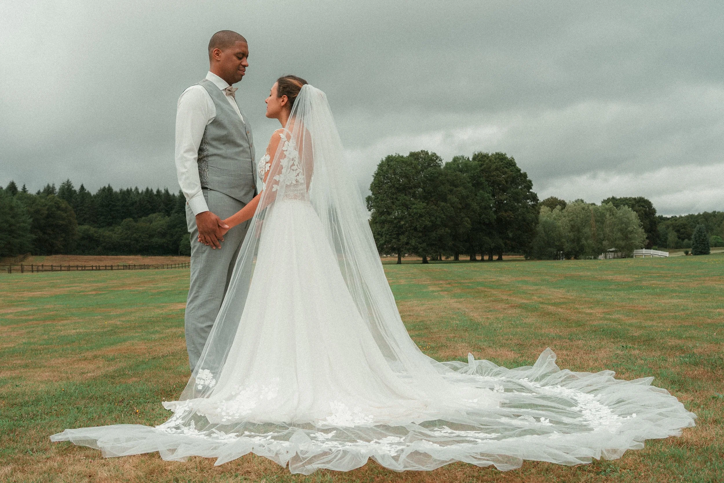 Un couple marié debout dans un champ, main dans la main, avec un ciel nuageux en arrière-plan. La mariée porte une robe de mariage blanche avec une longue traîne et un voile, tandis que le marié porte un costume gris clair. La scène est calme et romantique.