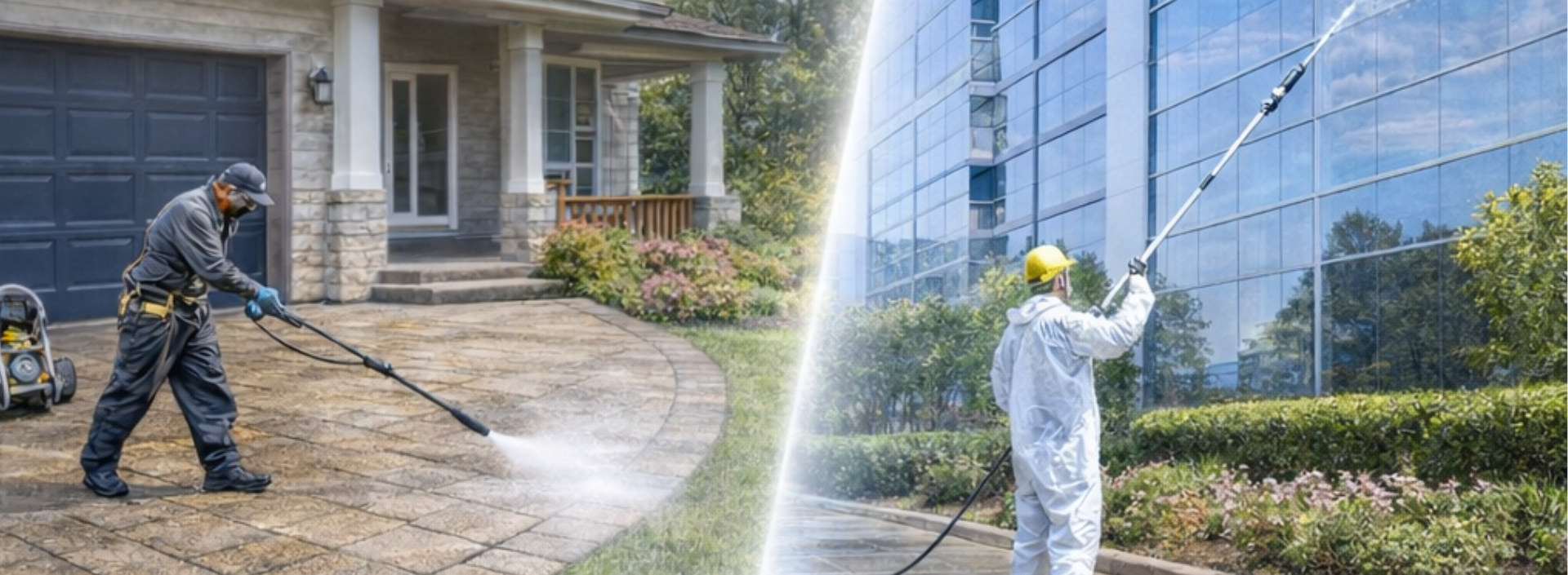 Domestic and commercial exterior cleaning services for homes, apartment blocks, retail units, office buildings, car parks and communal areas.