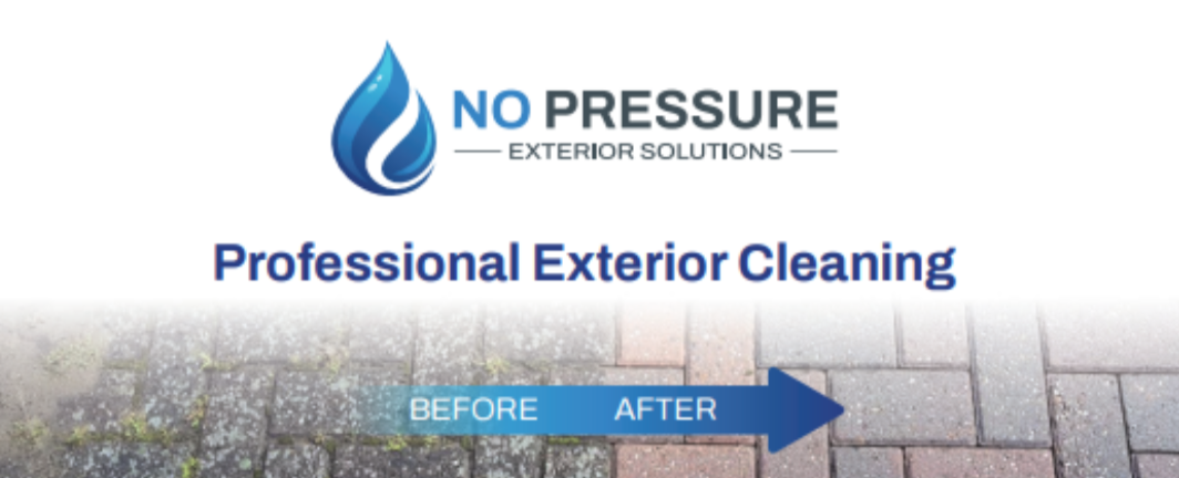 A promotional graphic for No Pressure Exterior Solutions showing a before-and-after comparison of a cleaned brick walkway.