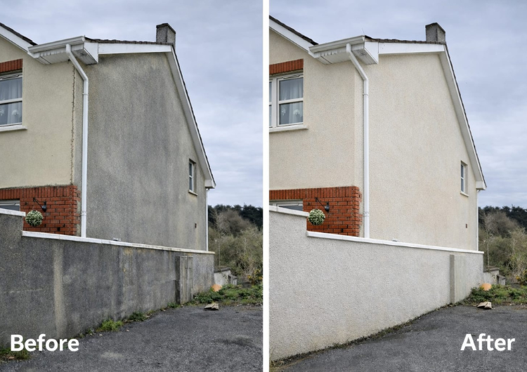 Exterior cleaning services for a commercial property using professional equipment and pressure washing techniques.