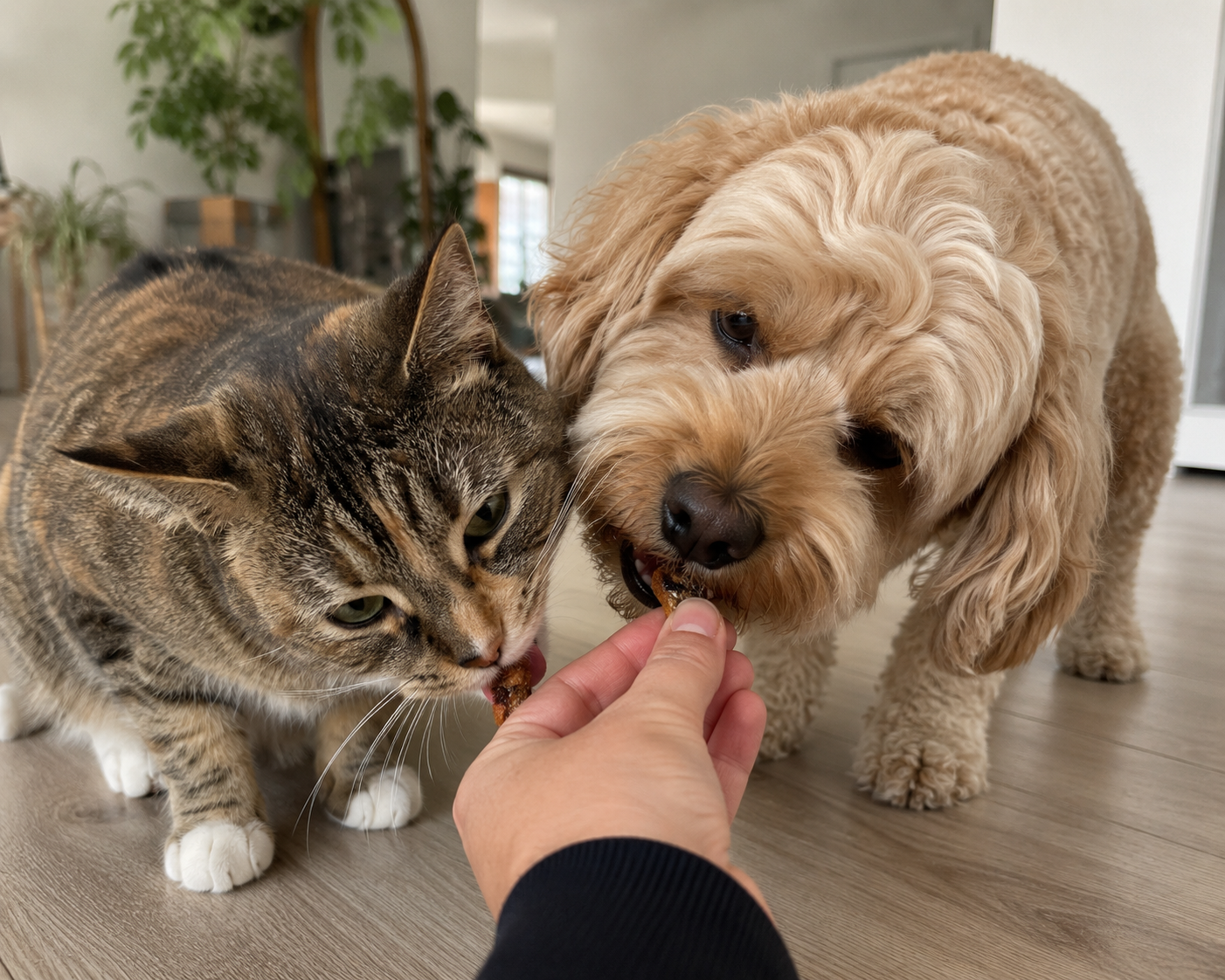 A person is feeding a dog and a cat a treat from their hand. The dog is a curly-haired, light-colored breed, and the cat is a tabby with green eyes.