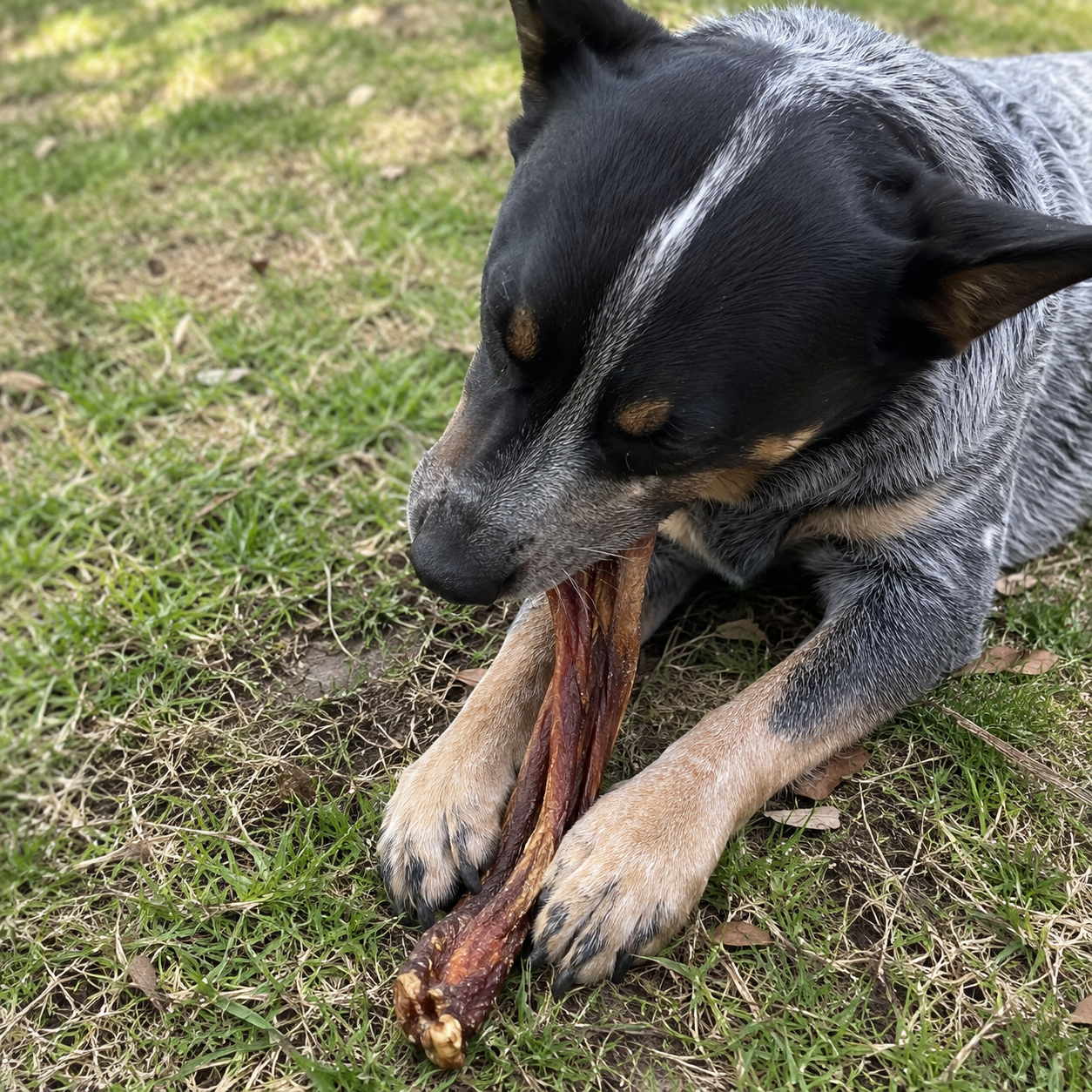 A black and tan dog with a white stripe on its head is lying on grass and chewing a large rawhide bone.