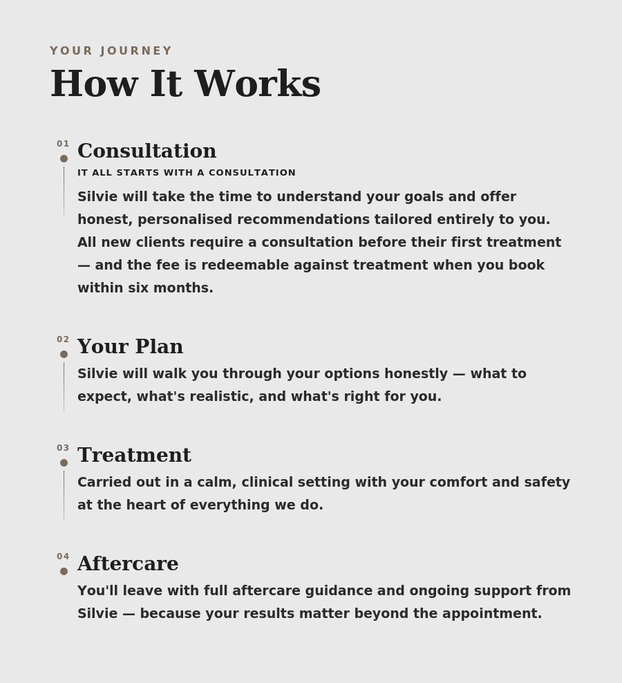 A step-by-step guide titled 'How It Works' outlining a process that includes consultation, planning, treatment, and aftercare for a service, with descriptions for each step.