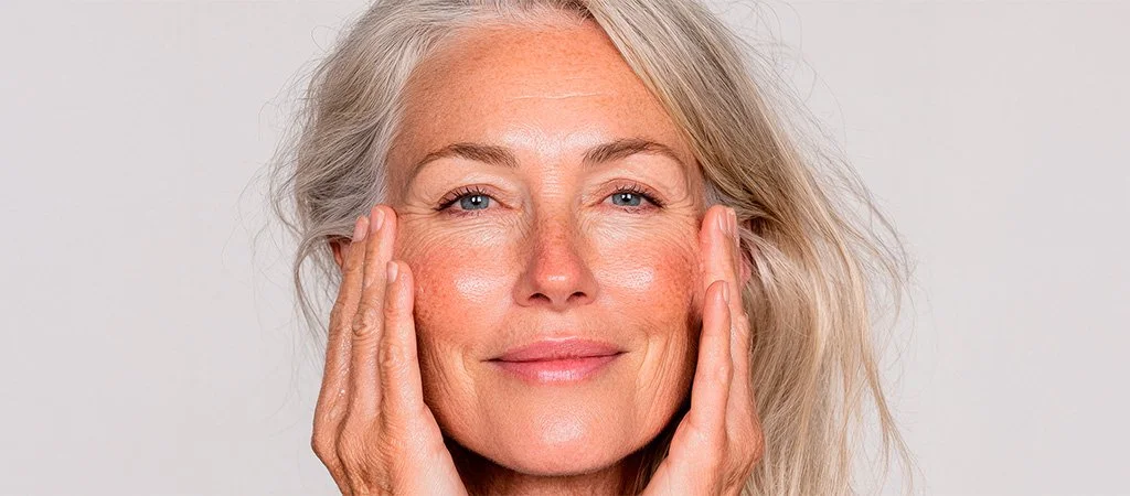 Close-up of an older woman with long gray hair gently touching her face with both hands and smiling softly.