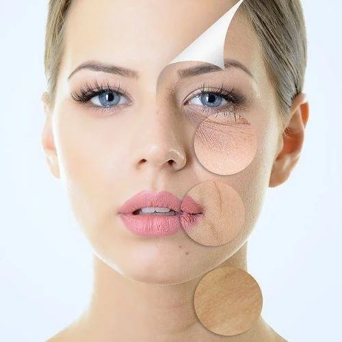 Close-up of a woman's face with makeup samples and a peeling sticker revealing skin underneath.