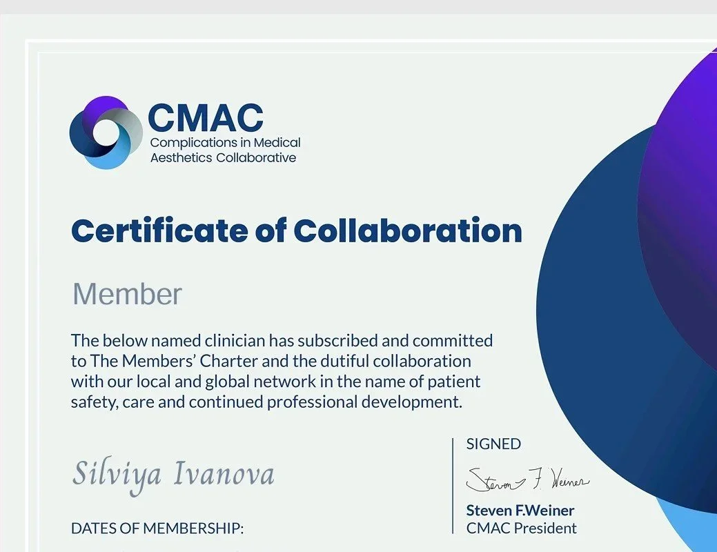 Certificate of Collaboration from CMAC (Complications in Medical Aesthetics Collaborative) awarded to Silviya Ivanova, signed by Steven F. Weiner, CMAC President.
