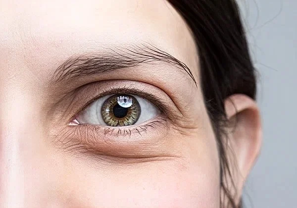 Close-up of a person's right eye with hazel iris and light skin.