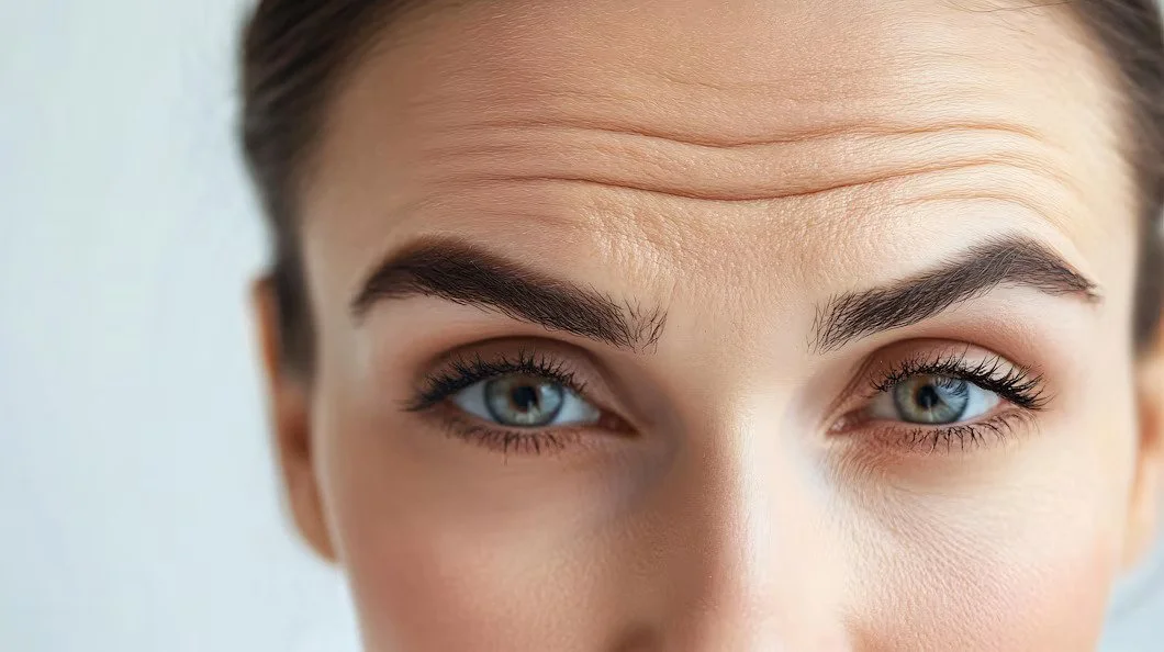 Close-up of a woman's eyes and forehead, showing well-groomed eyebrows and clear skin.