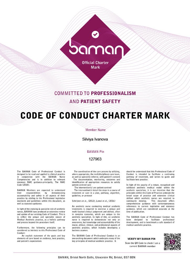 Certificate of recognition from Baman for Silviya Ivanova, emphasizing professionalism and patient safety, with a QR code at the bottom right.