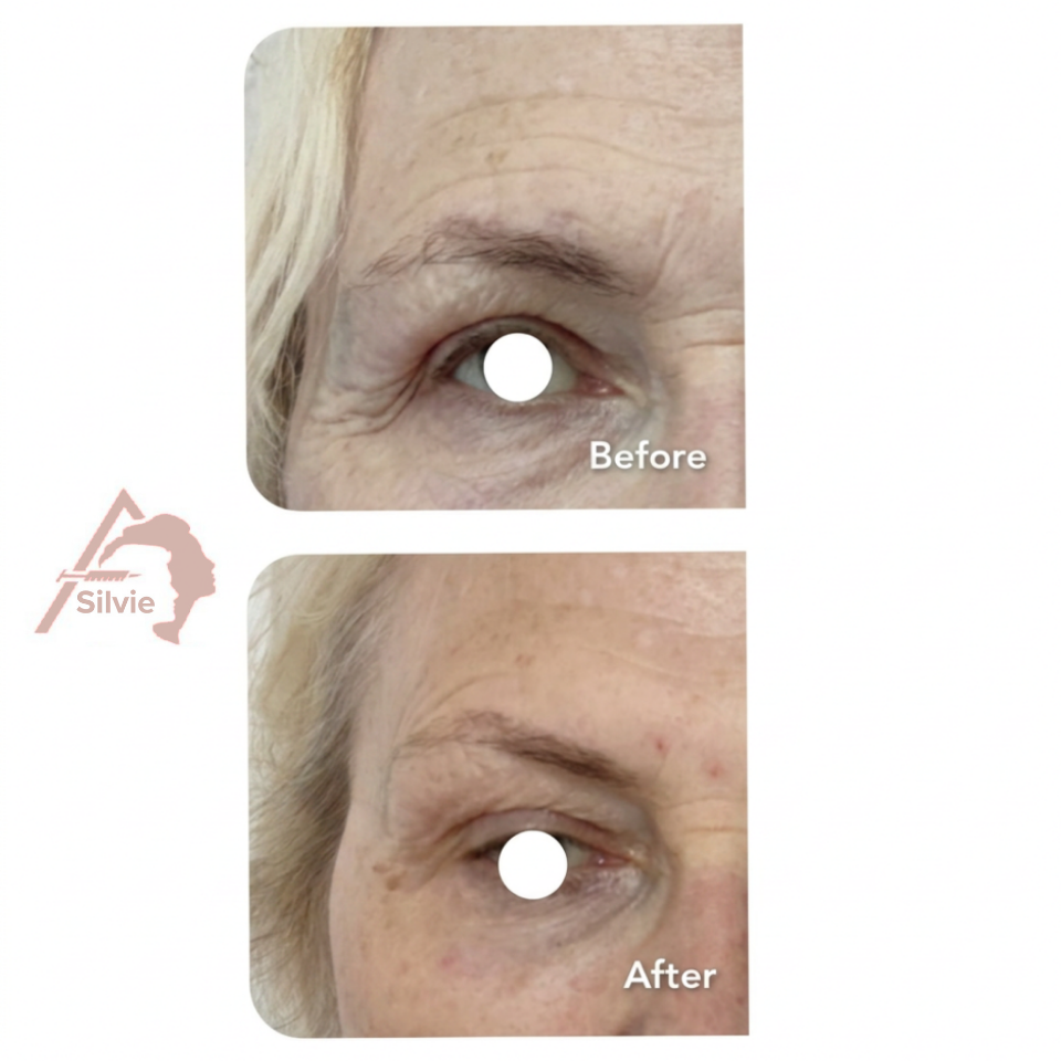 Comparison of an older woman's eye area before and after a skin treatment, showing reduced wrinkles and improved skin texture.