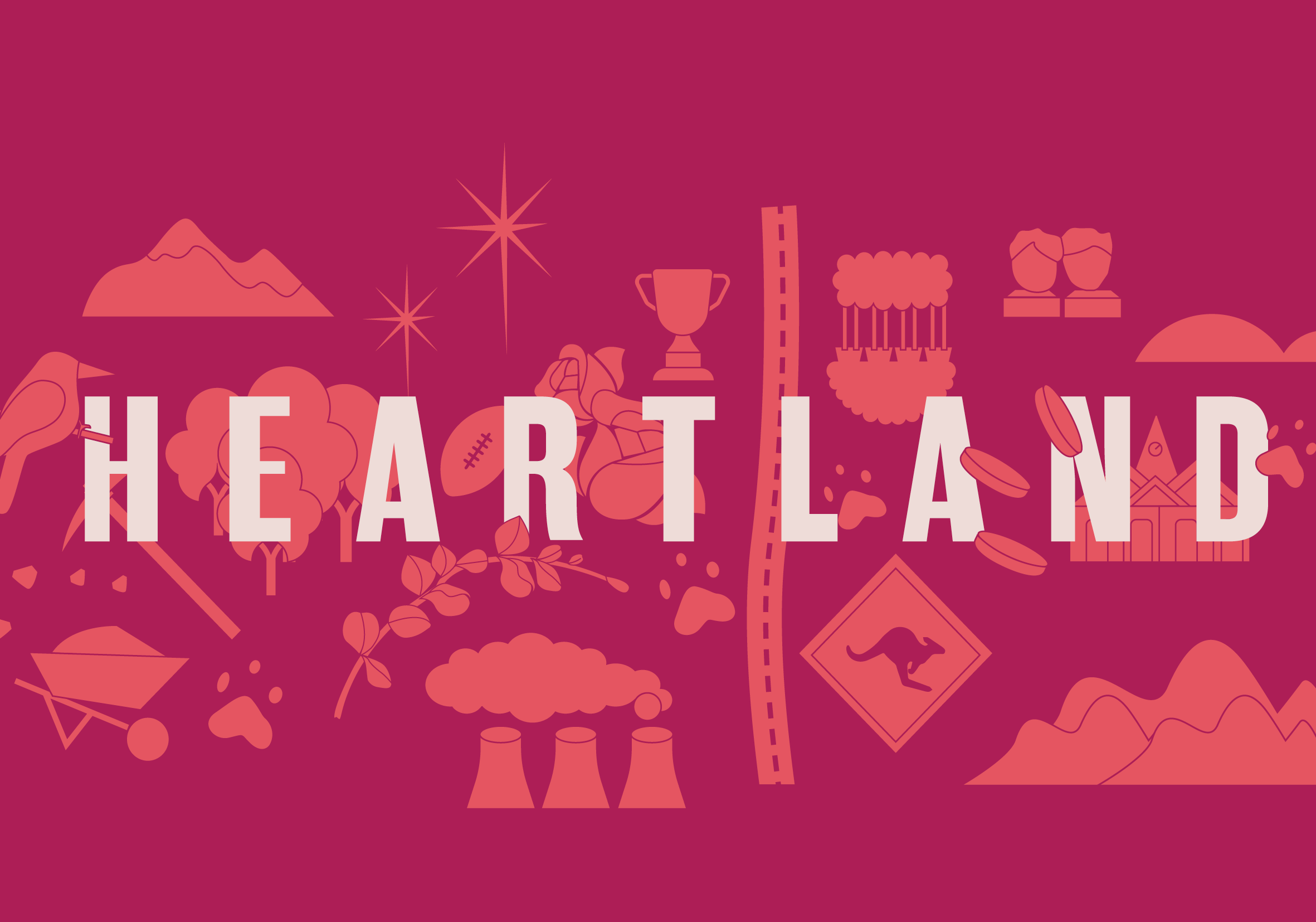 Illustration with mountains, stars, a trophy, a ladder, a factory, trees, and the word 'HEARTLAND' on a pink background.