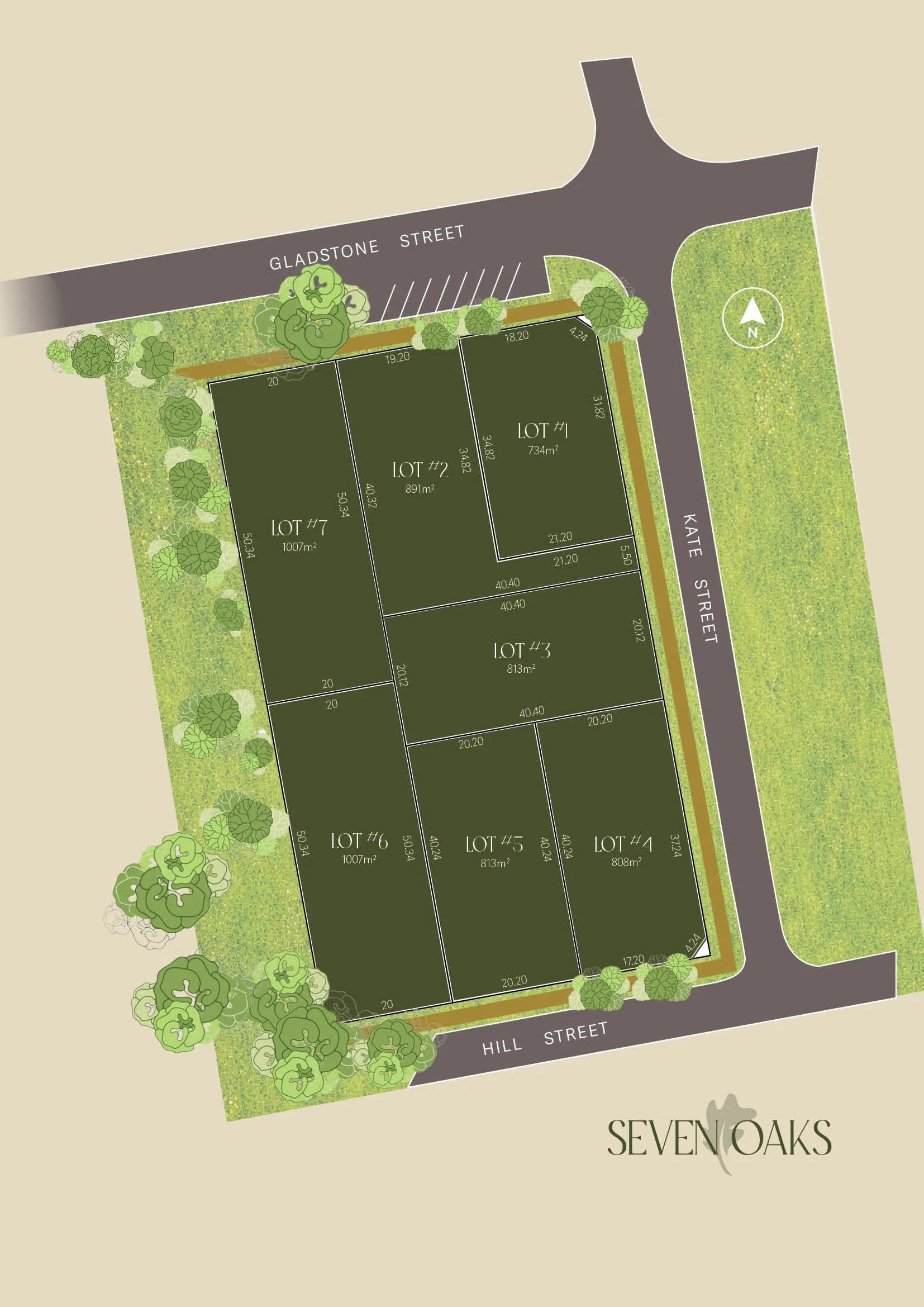 A site plan showing multiple residential lots along Gladstone Street, Katle Street, and Hill Street, with lot sizes and tree placements, labeled within a green and gray landscape design.