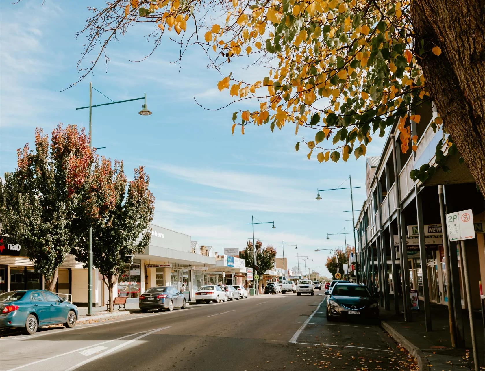 A street view with parked cars on both sides, storefronts, trees with fall foliage, and street lamps under a partly cloudy sky.