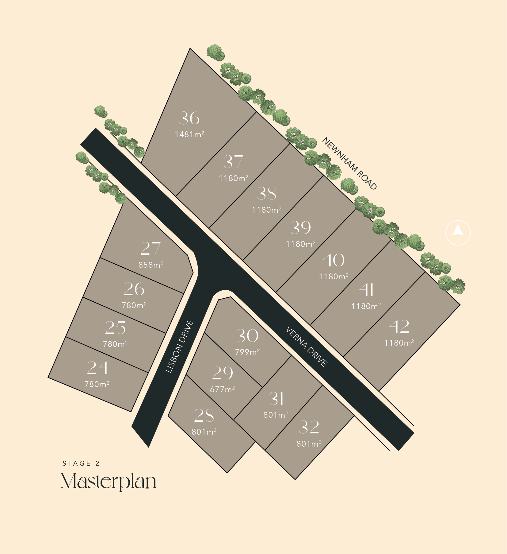 A site map for a residential development, showing numbered plots with square meter sizes, roads labeled Lisbon Drive, Vernia Drive, and Newnham Road, and a line of trees along Newnham Road.