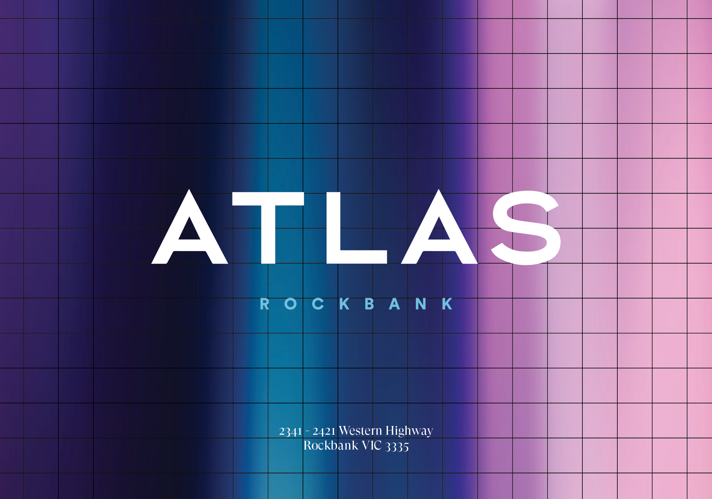 A digital map with a purple and blue gradient background, displaying the word 'ATLAS' in large white letters, along with the word 'ROCKBANK' and an address '2341-2421 Western Highway Rockbank VIC 3335' at the bottom.