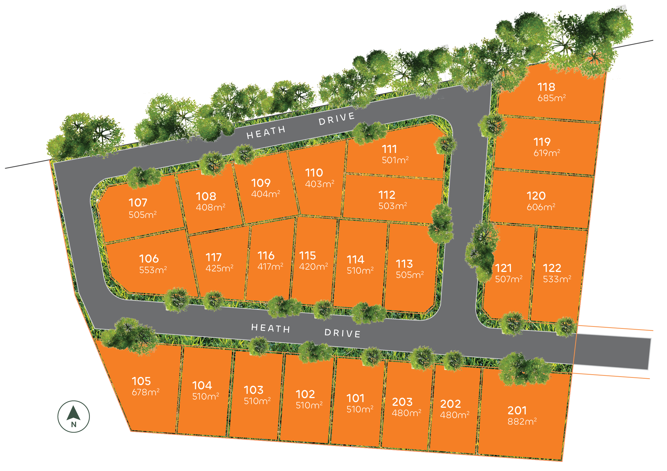 A site plan of a residential development showing numbered lots labeled with their area in square meters, bordered by roads named Heath Drive, with trees lining the streets and surrounding the lots.