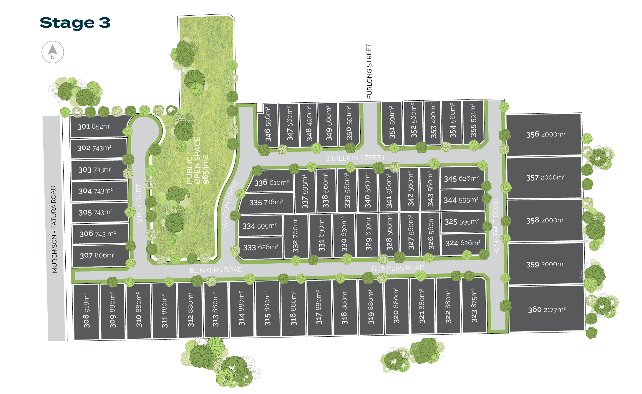 A detailed site plan of a residential development showing numbered lots, streets, green spaces with trees, and open areas. The map includes lot sizes in square meters and labels for streets and open space areas.