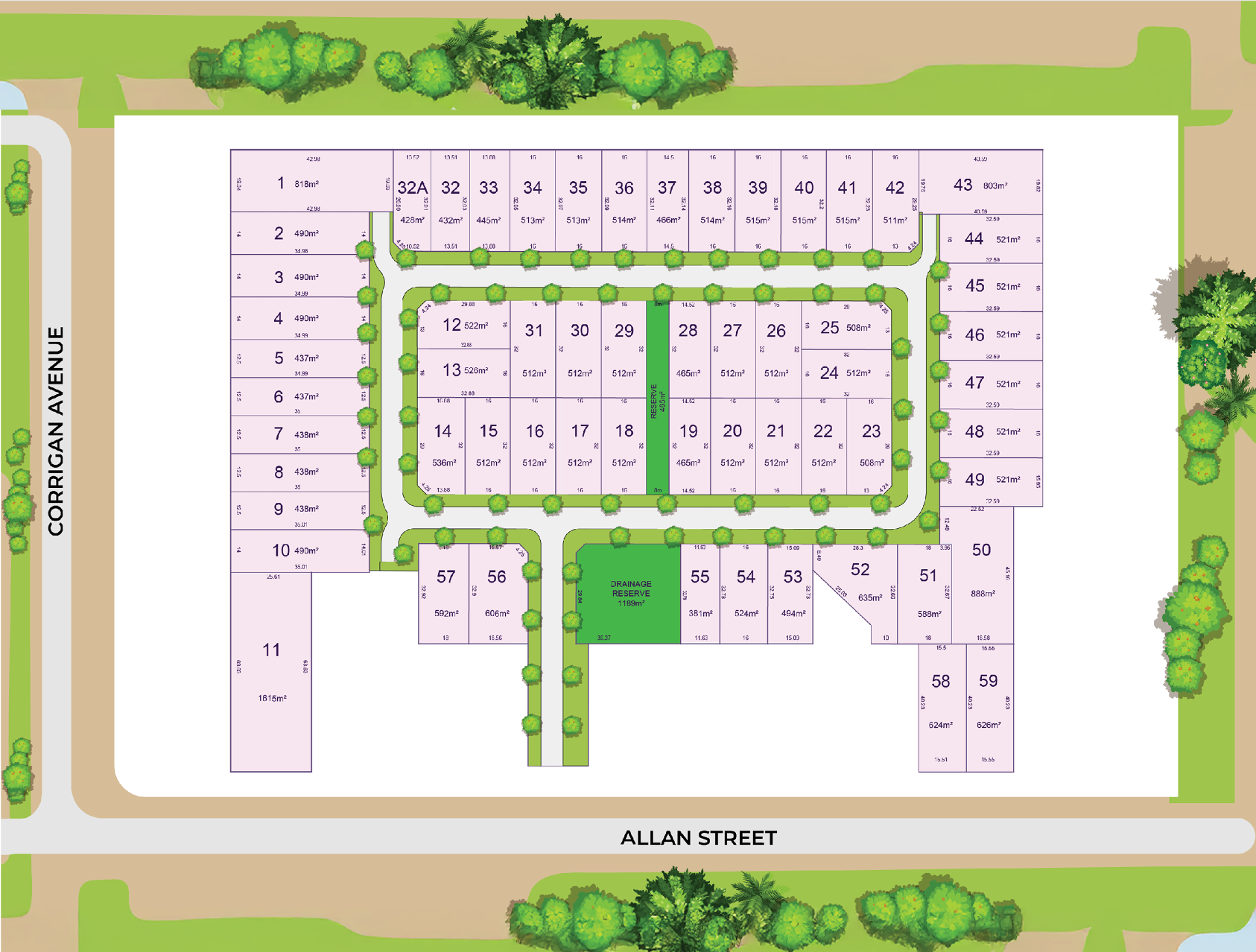A detailed site map of a residential or commercial development. It shows numbered plots or units, some with specified areas in square meters, surrounded by green trees and landscaped areas. The map includes streets named 'Corrigan Avenue' on the left and 'Allan Street' at the bottom, with pathways, green reserves, and drainage areas.