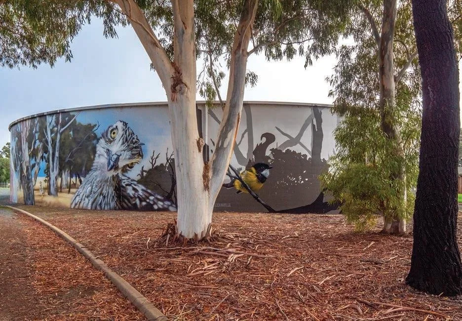 A mural of a bird of prey and a small bird on a tree trunk with trees and a red dirt ground.