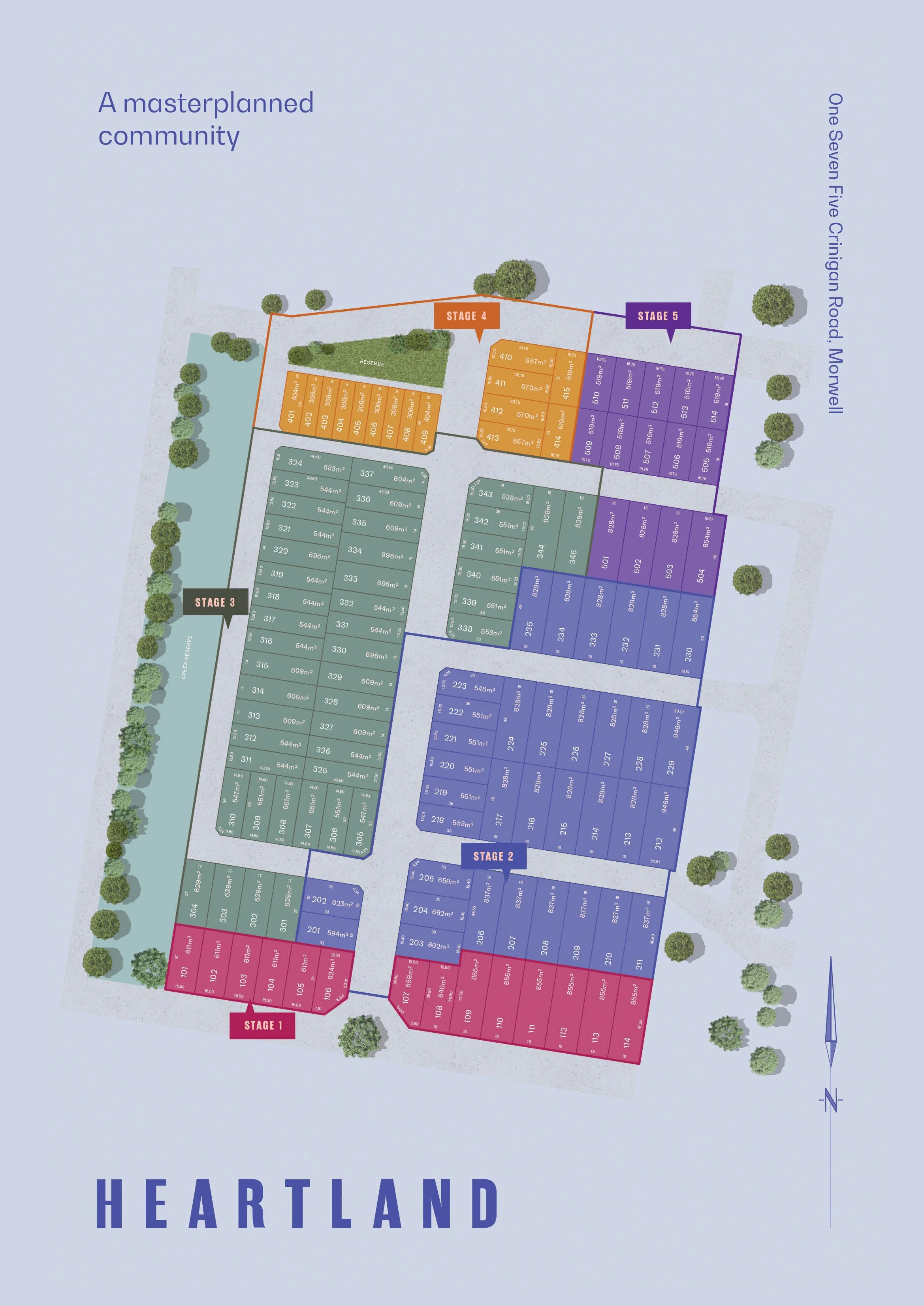 A detailed master plan map of Heartland with color-coded sections representing different stages and lots, roads, trees, and labels including North arrow and street name.