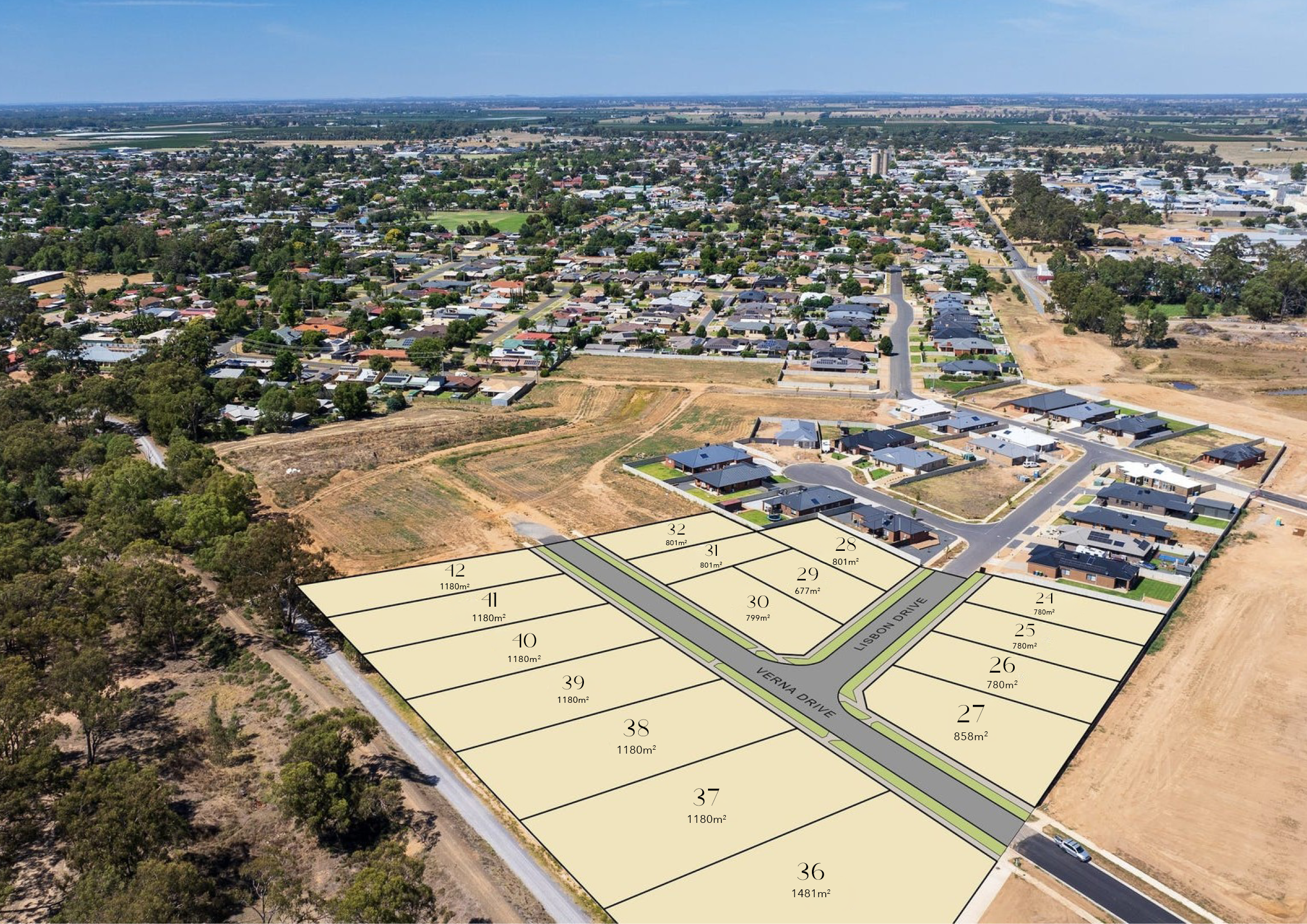 Aerial view of a suburban neighborhood with plotted land lots labeled with numbers and sizes, including streets named Lisbon Drive and Verna Drive, along with a residential area with houses and a commercial area in the distance.