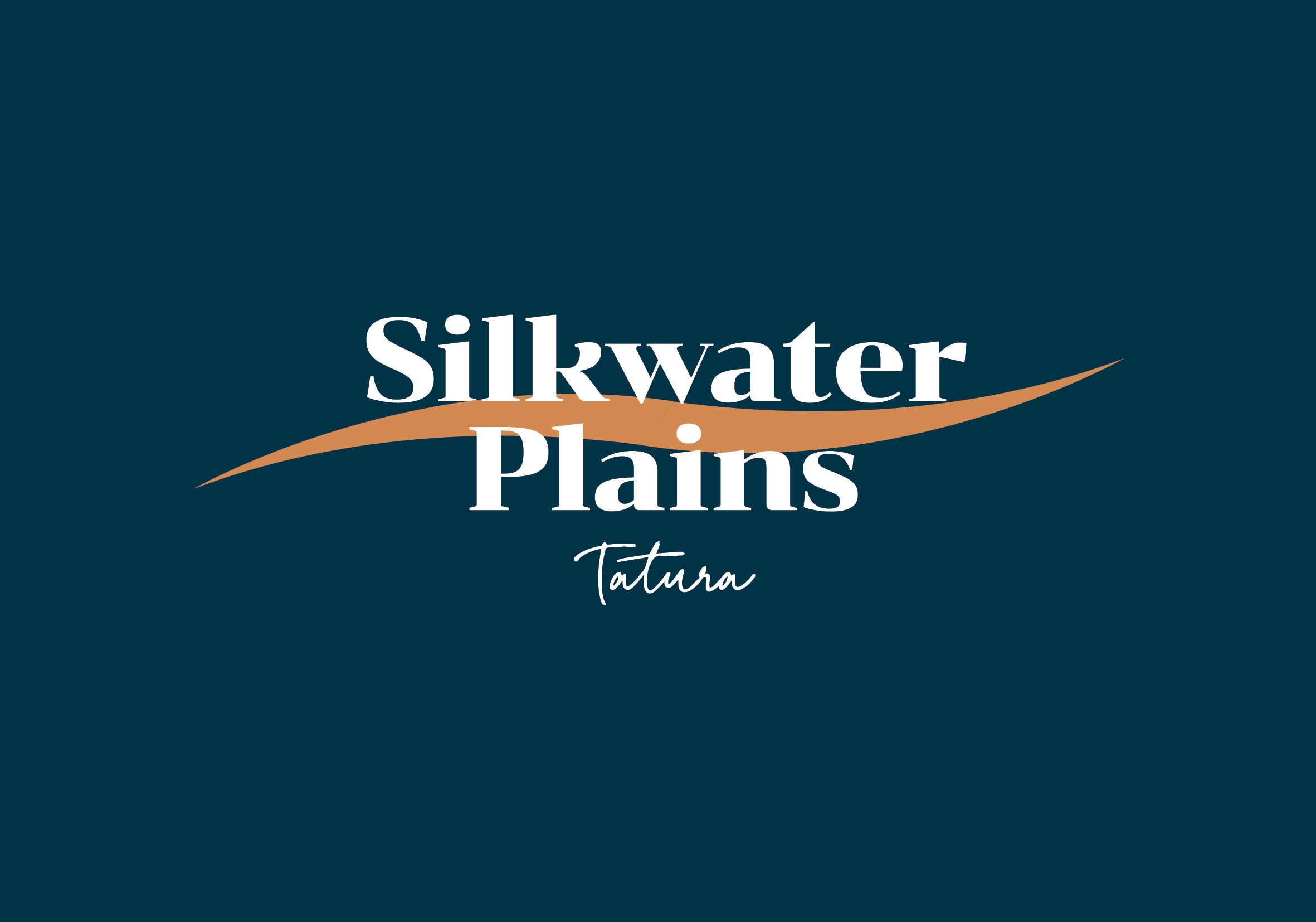 Logo of Silkwater Plains Tatura on a dark teal background with a tan curved line underneath the text.