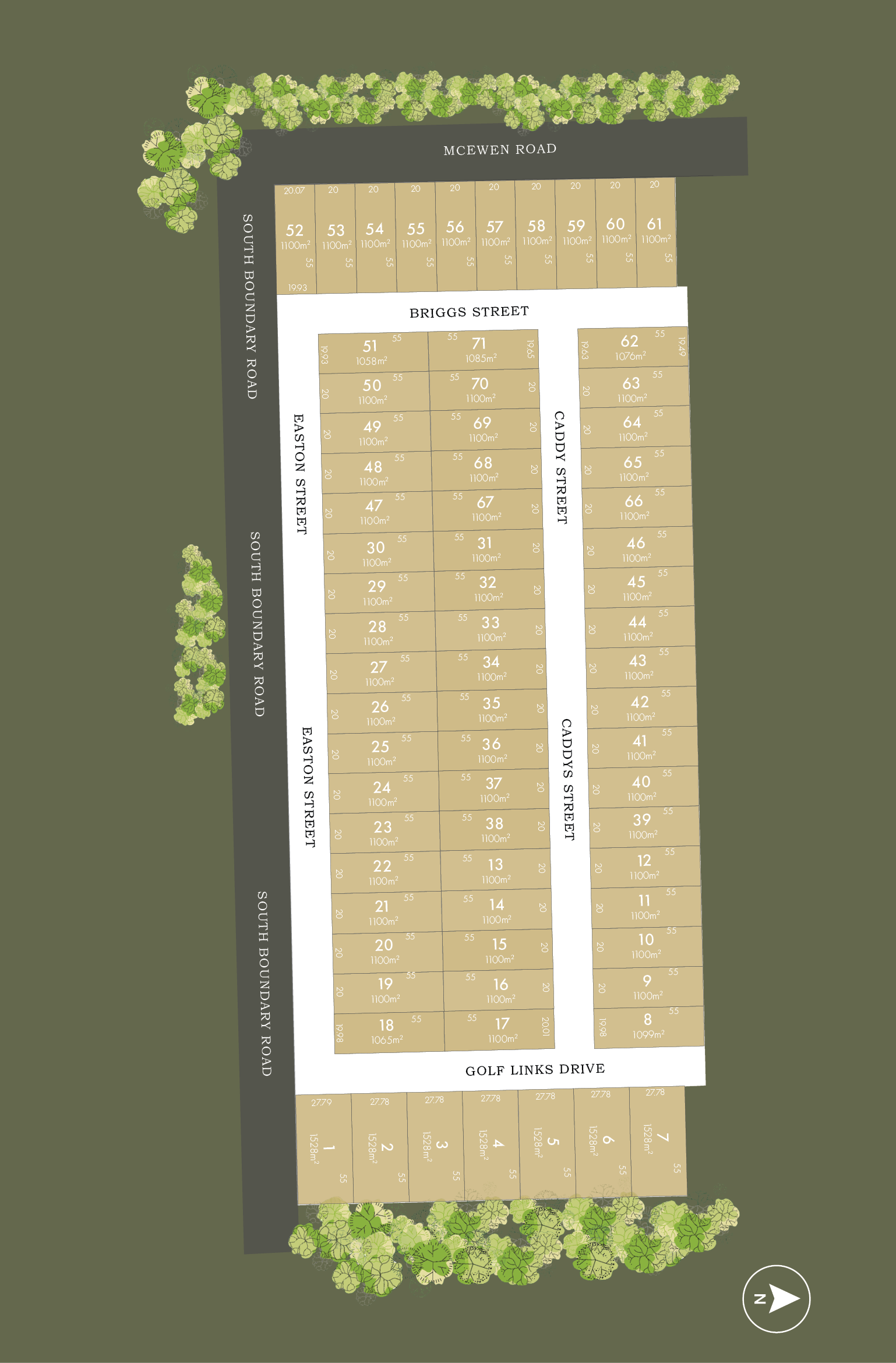 Site plan showing numbered plots of land along streets; surrounding trees and greenery; labeled streets including South Boundary Road, Easton Street, Caddy Street, Briggs Street, Golf Links Drive; a north direction arrow at the bottom right corner.
