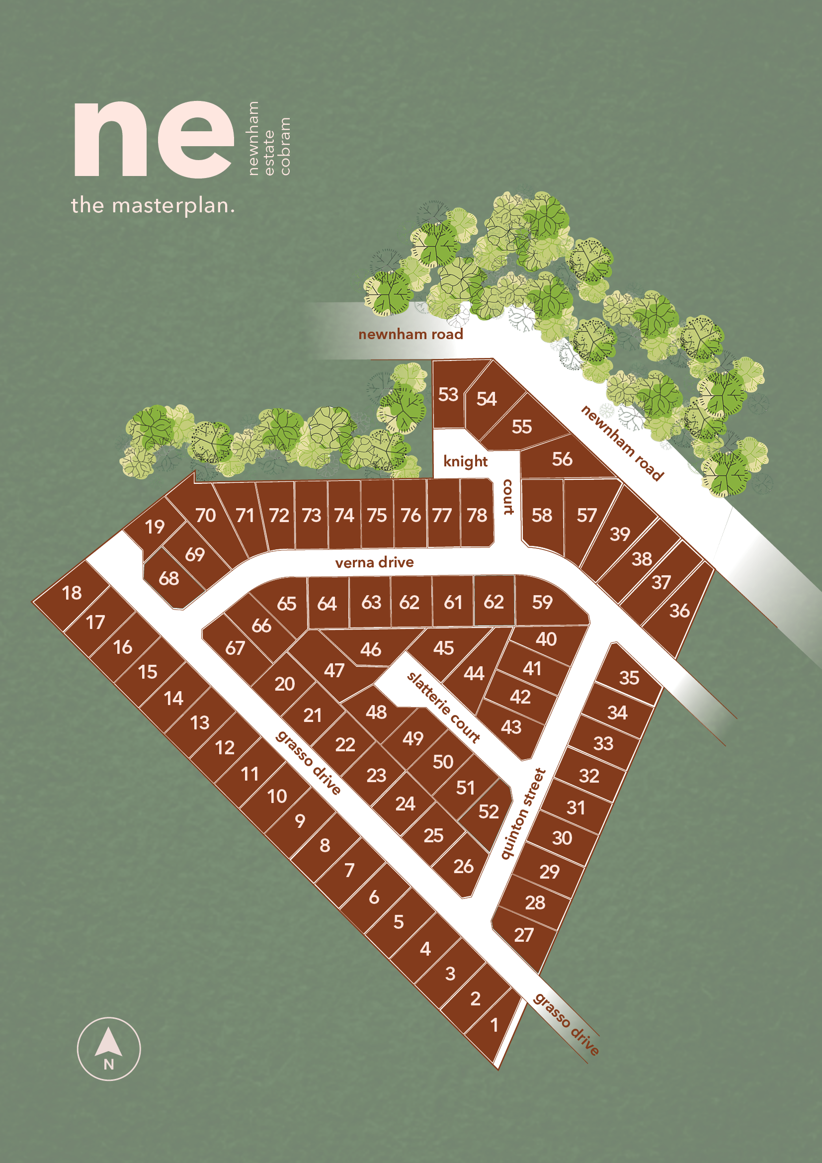 A detailed map of a residential area with numbered lots, streets named Quinton Street, Grasso Drive, Verna Drive, Kent Court, and Newnam Road, surrounded by green trees and a green background, with an arrow indicating north.