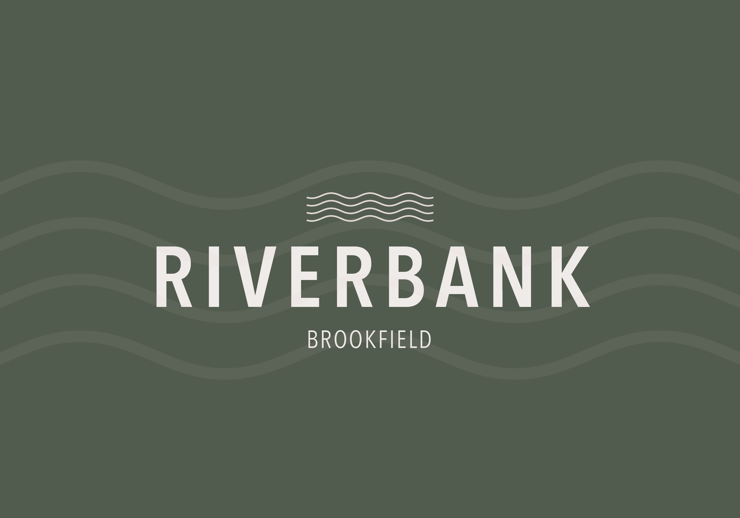A sign with wavy lines and the text 'Riverbank' and 'Brookfield' on a green background.