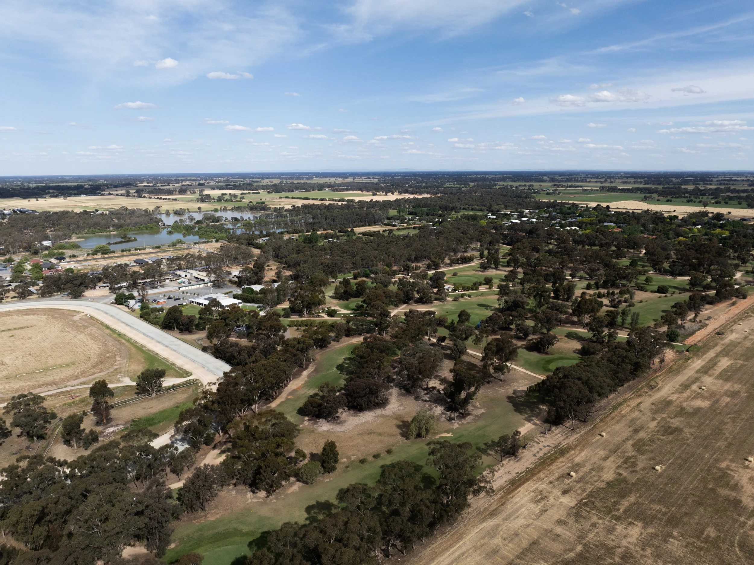 Aerial view of a rural landscape with trees, fields, and a river, under a bright blue sky with scattered clouds.