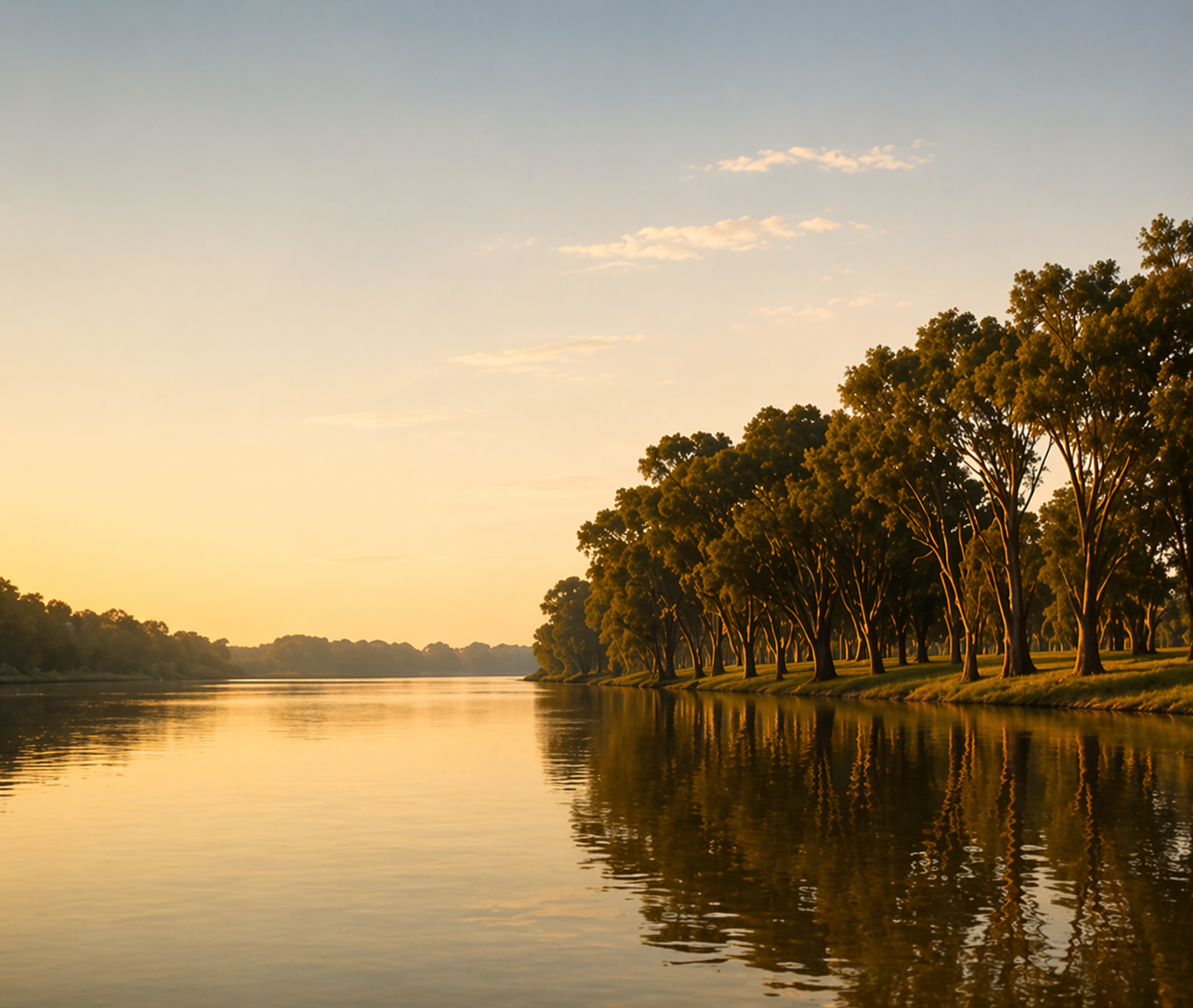 Sunset over a calm river with trees along the shore, creating reflected silhouettes in the water.