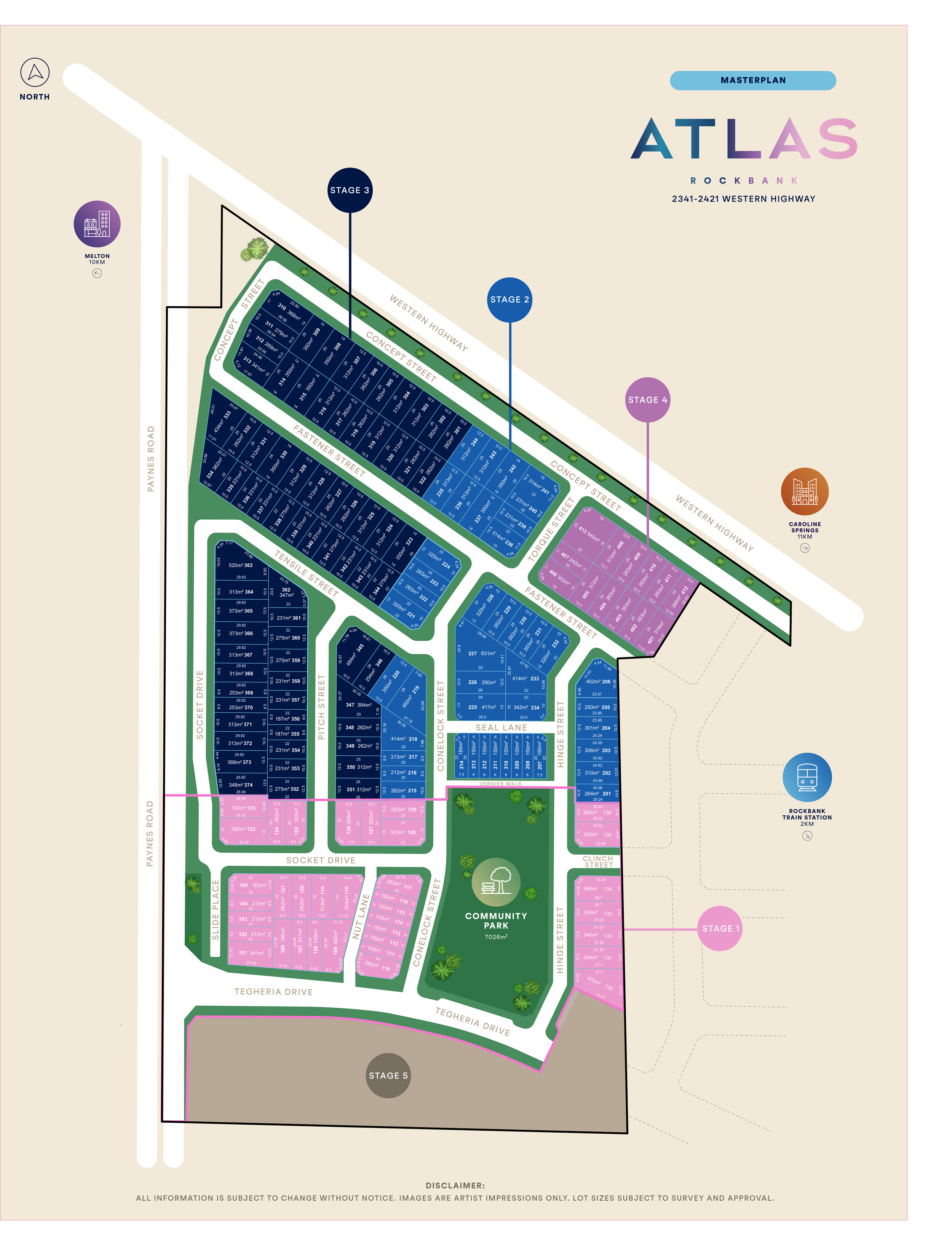Detailed master plan of a residential community development called ATLAS, showing various streets, plots, community park, and stages for development, with labels indicating main roads, streets, and amenities.