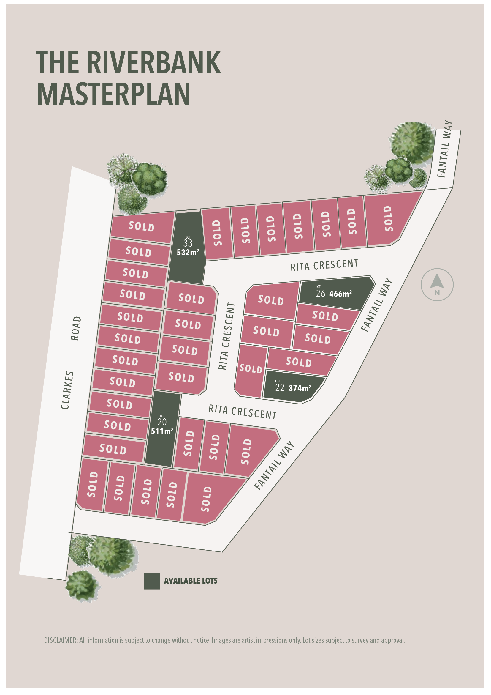 A site map for The Riverbank Masterplan showing available and sold lots with street names Fantal Way, Rita Crescent, Clarke's Road, and others. Several lots are marked as sold, with some available lots labeled with their lot number and size in square meters. The plan includes trees and a compass showing north.