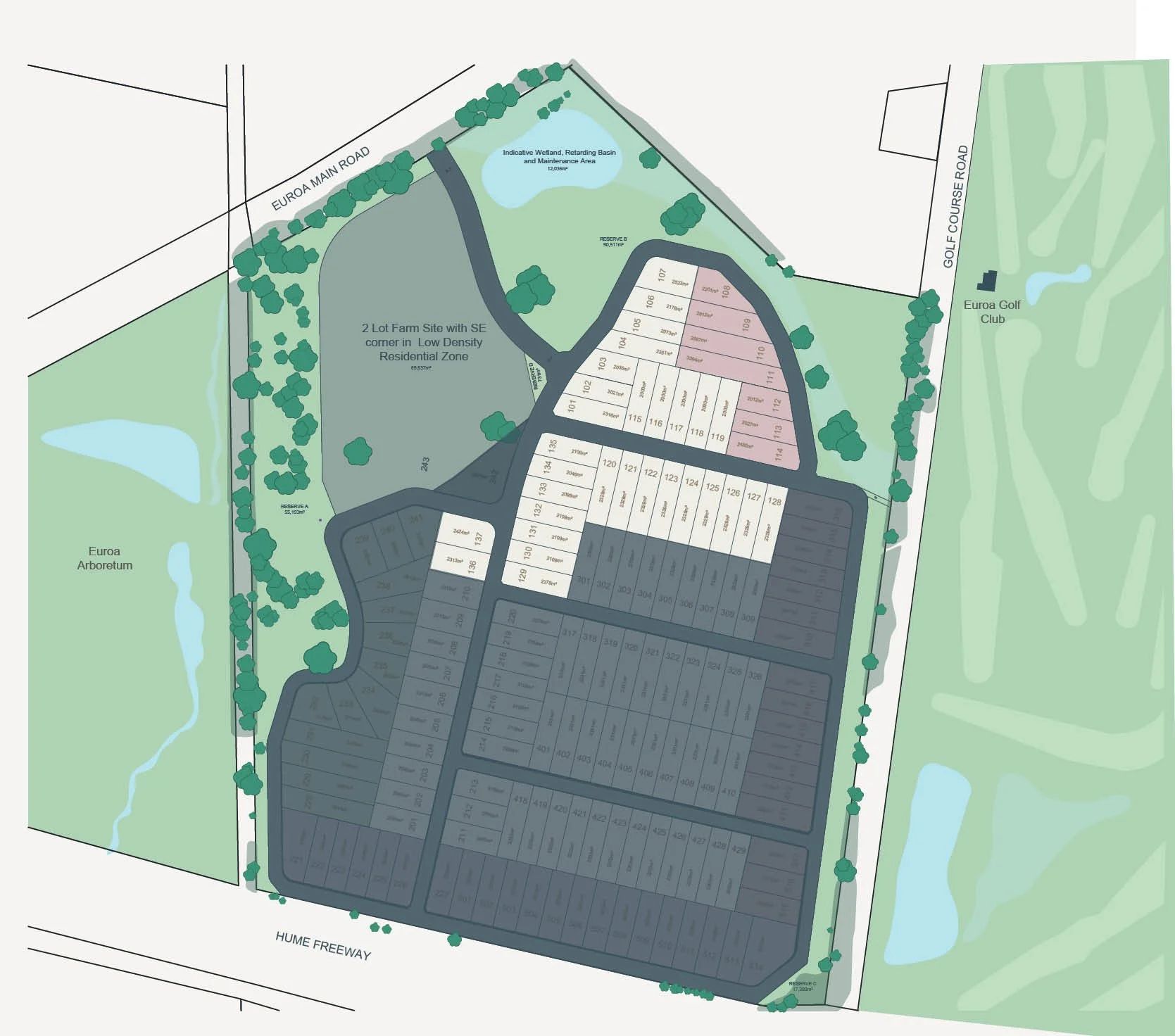 A site plan map showing a residential development area with numbered lots, roads, green spaces, pond, and nearby golf course and arboretum.
