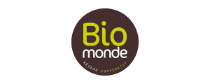 Logo de 'Bio Monde', un cercle noir avec le texte 'Bio' en vert clair et 'monde' en blanc.