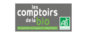 Logo de 'Les Comptoirs de la Bio' avec un fond gris, texte blanc et vert, et un label 'AB' pour agriculture biologique.