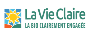 Logo de La Vie Claire avec un soleil jaune, un ciel bleu et une plante verte
