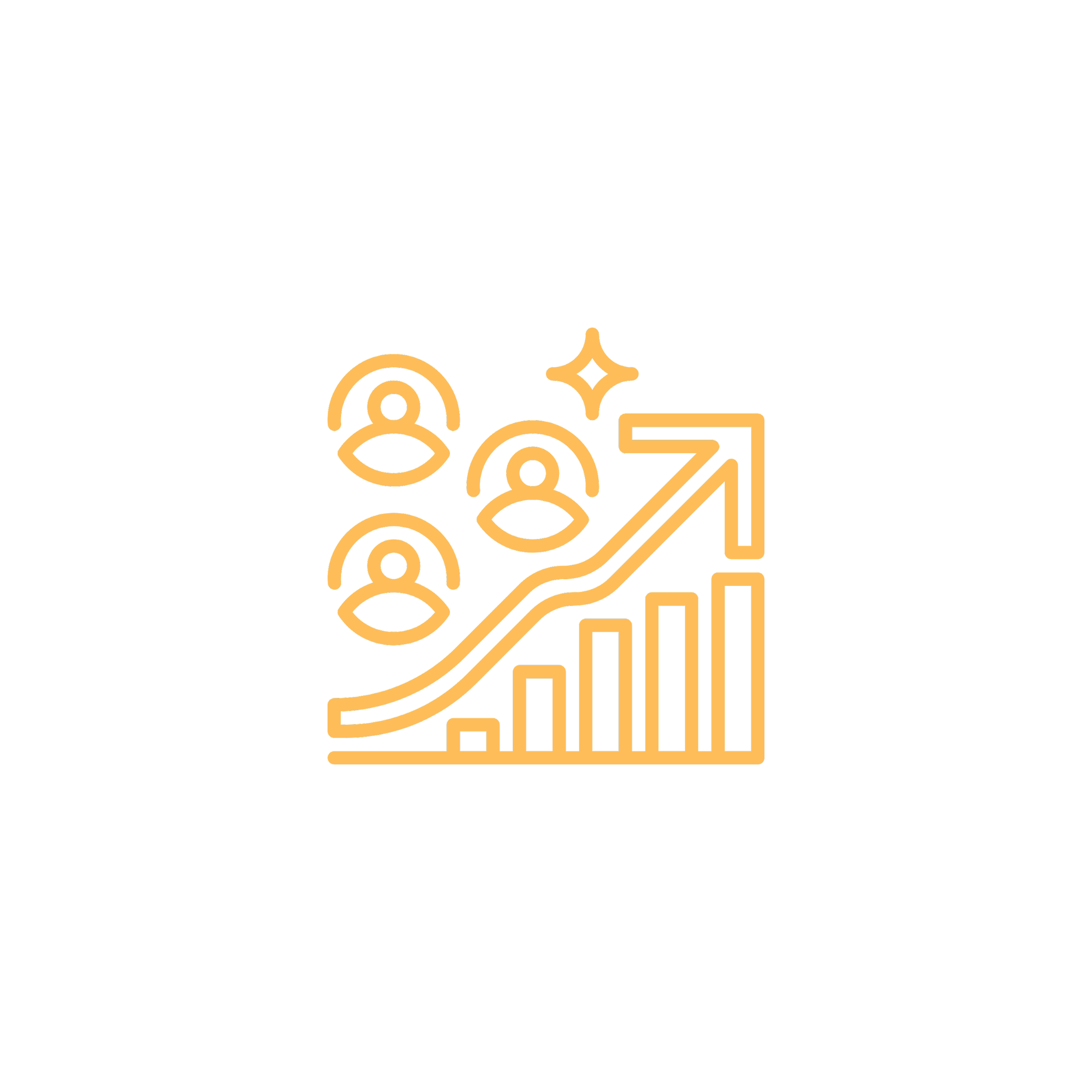 Icon of growing bar chart with upward arrow and three user icons, representing user growth or increased engagement.