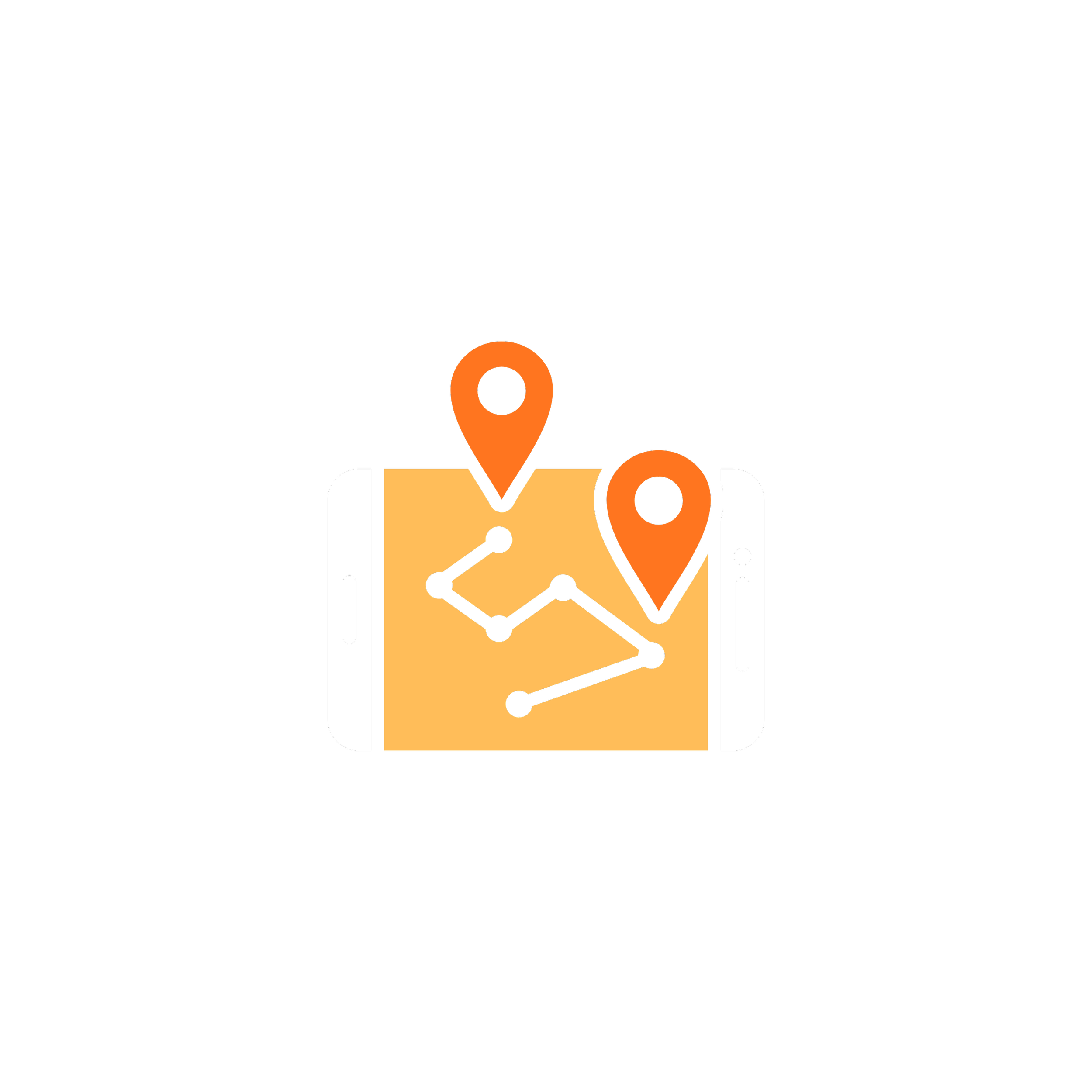 Illustration of a smartphone displaying a map with route, marked by two orange location pins and connected by a black line, symbolizing navigation or GPS tracking.