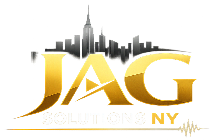 Logo for JAG Solutions NY with a city skyline silhouette above the text.