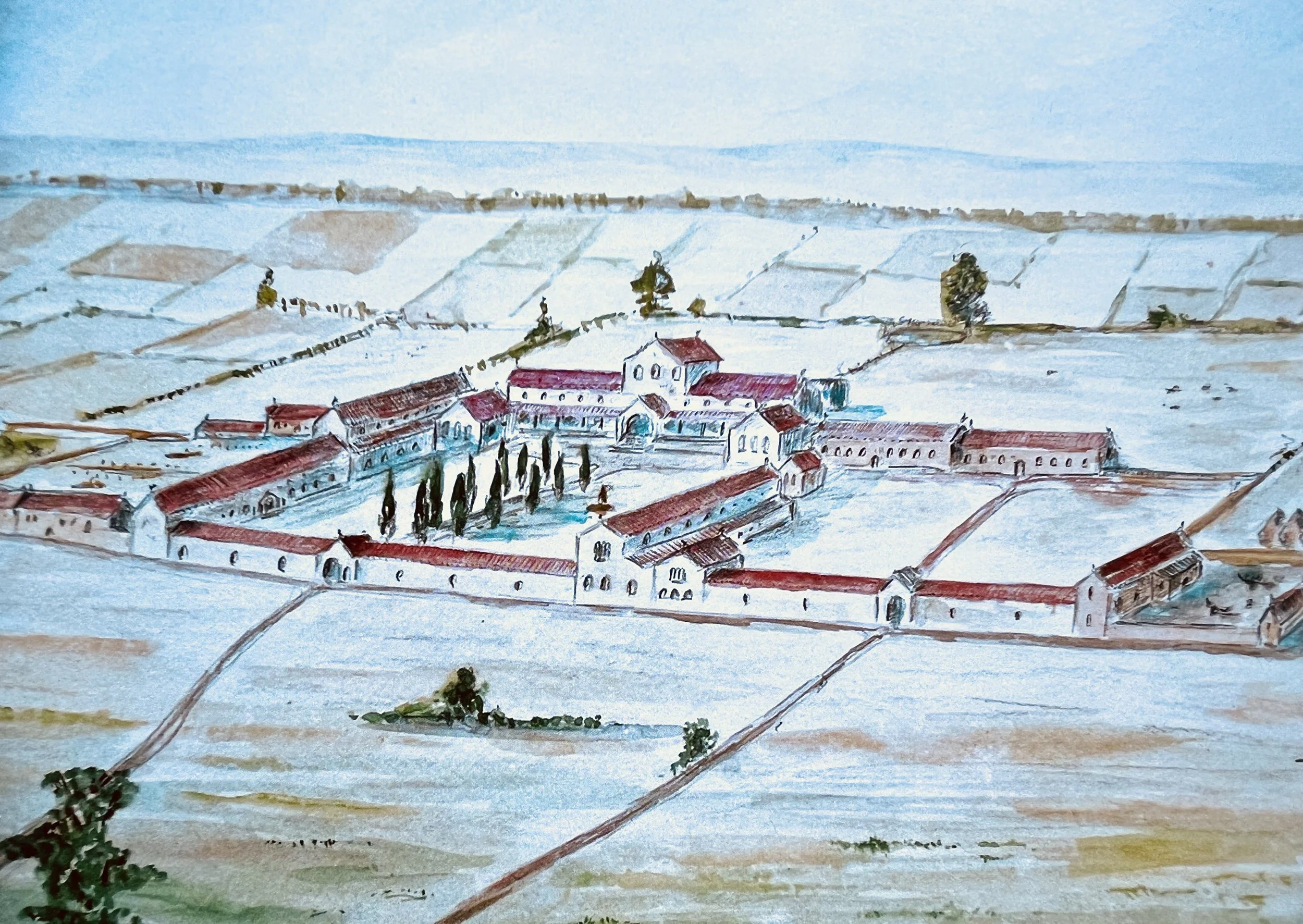 Watercolor painting of a roman villa surrounded by fields and some trees, with a distant landscape in the background.