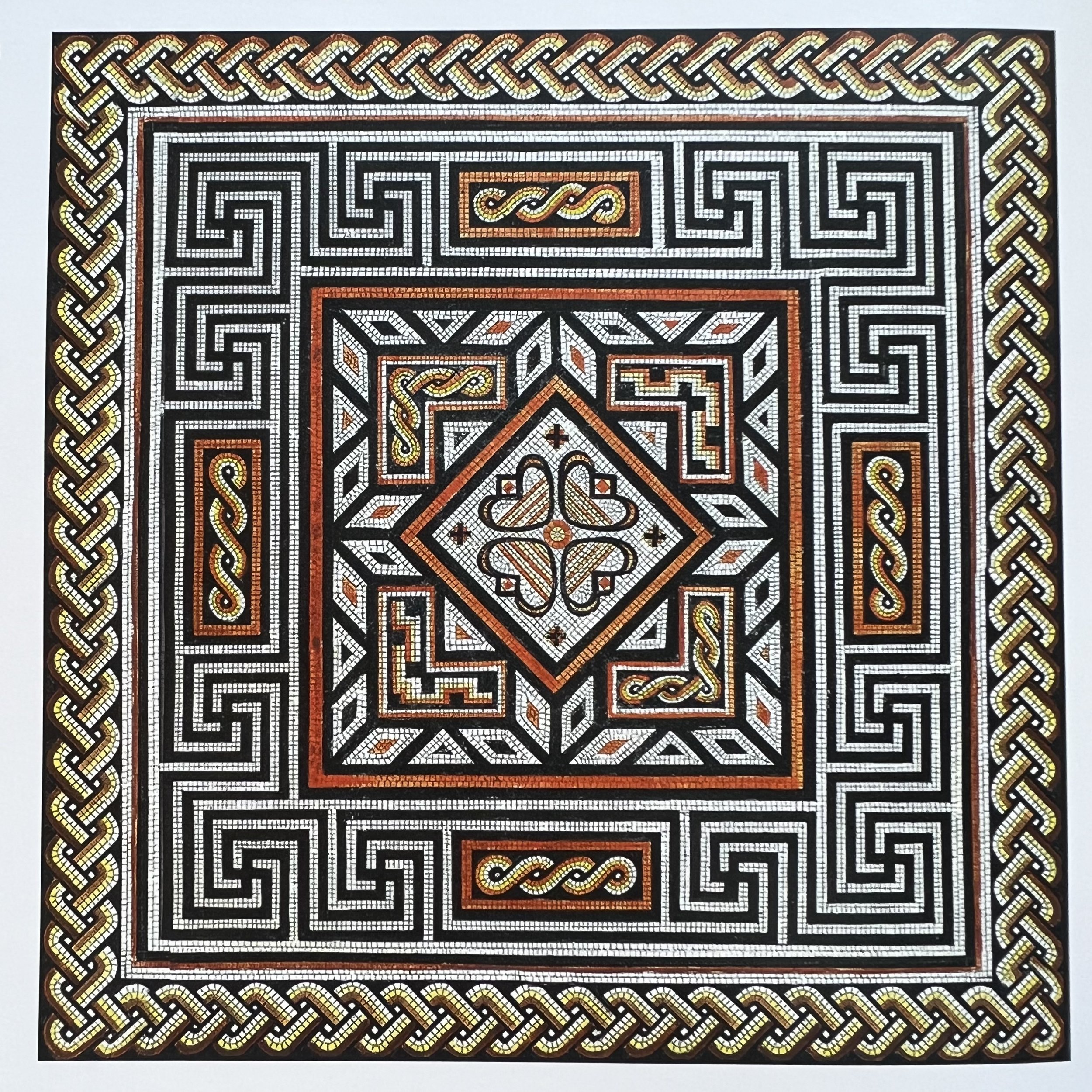 Intricate roman mosaic with geometric patterns and Celtic knots in black, white, gold, and orange colors.