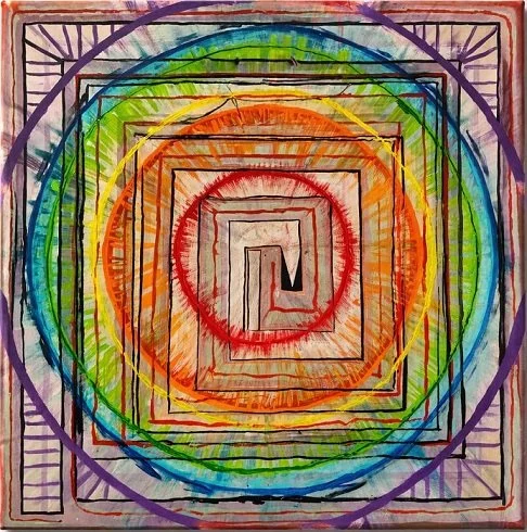 Abstract kleurrijk kunstwerk met concentrische spiralen en vierkante randen, geschilderd met potlood en waterverf.