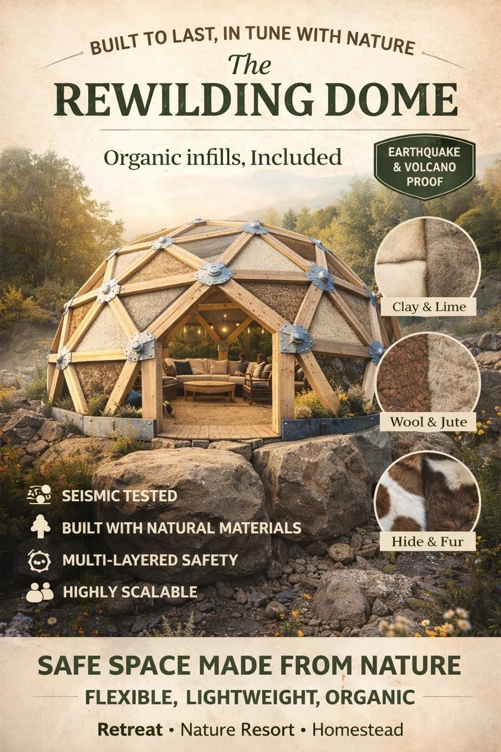De afbeelding toont een geodome vormige structuur genaamd 'The Rewilding Dome'. Het is gemaakt van hout en isolatiematerialen zoals klei, limoen, wol, jute, en bont en vacht. Het terras binnenin heeft zitplaatsen, en de omgeving bestaat uit een natuurlijke, rotsachtige landschap. Tekst op de afbeelding benadrukt dat de dome struktureel getest is op aardbevingen, gebouwd is met natuurlijke materialen, meerdere lagen veiligheid biedt, en zeer schaalbaar is. Daarnaast wordt beschreven dat het een veilige, flexibele, lichte en organische plek is voor retraites, natuurbestemmingen en homestays.