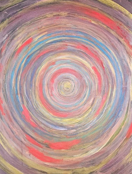 Kleurrijke spiraalvormige tekening met cirkels in verschillende kleuren.
